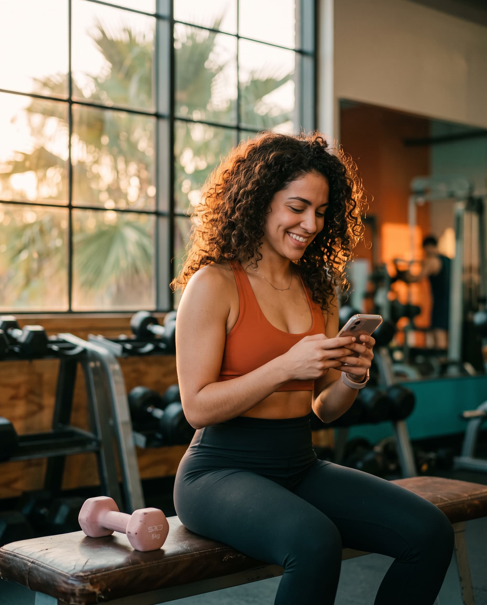 Mujer sonriendo mientras revisa su teléfono en un banco del gym, con luz dorada de atardecer