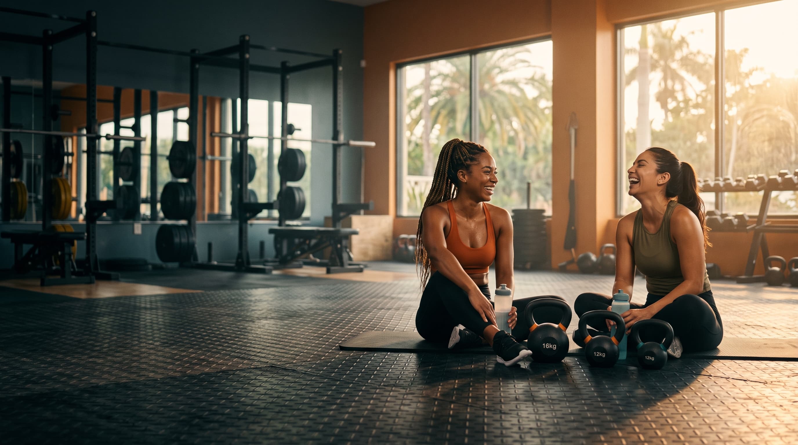 Dos amigas riendo en el gym entre series de kettlebells, con luz dorada de atardecer